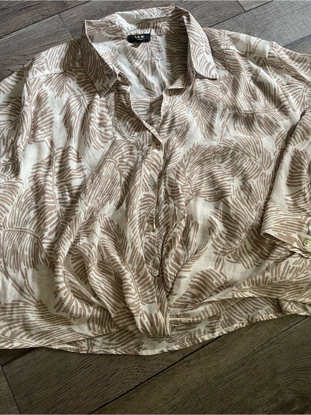 Cream Button-Down Shirt with Tan Leaf Motif Gather Front Polyester/Rayon